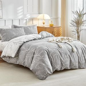 Sjzg-Parure De Lit Super King 4 Pi&egrave;ces Avec Drap-Housse U2013 Imprim&eacute; Branches Grises, Microfibre Douce, Housse De Couette Super King Grise, 2 Taies D`Oreiller, 1 Drap-Housse De 40 Cm De Profondeur - Neuf