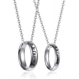 Kal-2pcs Colliers Couple Bague Pendentif Anneau Je T'aime I Love You Acier Inoxydable Cadeau Amoureux Amitié Amour Saint-Valentin Femme Homme Avec Chaîne(Je T'aime) - Neuf