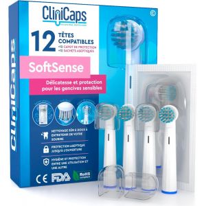 12 T&ecirc;tes De Brosses &Agrave; Dents &Eacute;lectriques Brossette De Rechange Compatibles Avec Oral-B Poils Doux Softsense Couleur Blanche Double Protection &Eacute;tui Aseptique Et Capuchon Protecteur[Z311] - Neuf