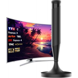 Antenne TV Int&eacute;rieure avec Base Magn&eacute;tique R&eacute;ception 360&deg;, Compatible 4K UHD et TNT HD, Antenne TV Omnidirectionnelle pour Cha&icirc;nes Gratuites, C&acirc;ble Coaxial 5M - Neuf