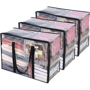lbgwp60-3 Paquet Clair Sacs De Rangement Pour Vêtements Avec Poignée Renforcée, 46 X 38 X 23 Cm, Organisateur De Vinyle Pour Couette Couverture Fourre Tout Transparent Avec Fermeture À Glissière Robu - Neuf