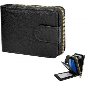 TRAHOO-Portefeuille Homme Cuir Permis de Conduire Porte Carte Homme avec 4 Transparent Fen&ecirc;tre, Accord&eacute;on Style Porte Carte de Credit Fente de Carte avec Fermeture &Eacute;clair et Bouton-Pression (Noir) - Neuf