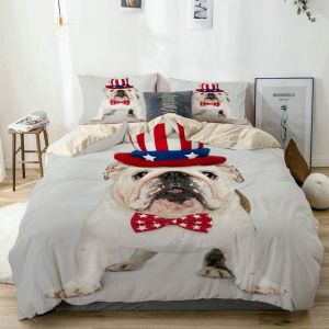 Sets De Housse Couette En Microfibre,Mignon Chiot Bouledogue Anglais Blanc Dans Le Chapeau Et Le Noeud Papillon De L'oncle Sam,Beige, Housse De Couette X + Taies D'oreillers - Neuf