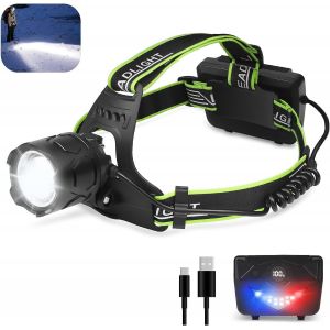 Lampe Frontale Led Rechargeable,Super Lumineuse 2000 Lumens,Zoomable,&Eacute;tanche,Affichage Num&eacute;rique De La Puissance R&eacute;glable &Agrave; 90&deg;,Avec Feu Arri&egrave;re Rouge Pour La Chasse,Le Camping,Les Aventures - Neuf