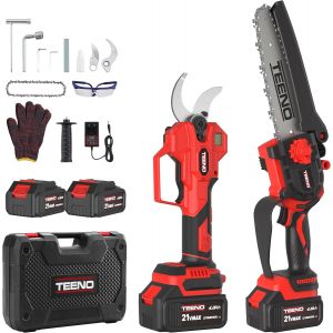 VornixorSarlshop2 en 1 Ensemble d'Outils de Jardinage : Mini Tronconneuse &agrave; Batterie 6 Pouces + S&eacute;cateur &Eacute;lectrique Sans Fil 0-40mm, 2 X 4.0 Ah Batteries, Lames Acier SK5 pour Coupe de Troncs et Bran - Neuf