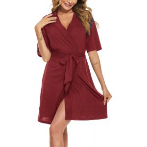 Peignoir Femme Court Luxueux Kimono Robes De Chambre En Coton Col V Courte À Manches Courtes Peignoir De Bain Avec Ceinture S-Xl - Neuf
