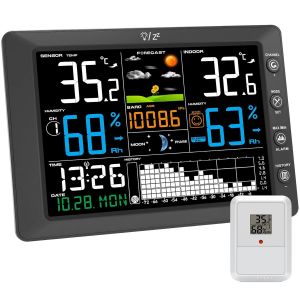 Station M&eacute;t&eacute;o Sans Fil avec Capteur Ext&eacute;rieur Grand &Eacute;cran Couleur, Thermom&egrave;tre Int&eacute;rieur/Ext&eacute;rieur, Hygrom&egrave;tre, Pr&eacute;visions M&eacute;t&eacute;o, Port&eacute;e 100m, Pression Atmosph&eacute;rique, Radio-R&eacute;veil DCF, Alarme - Neuf