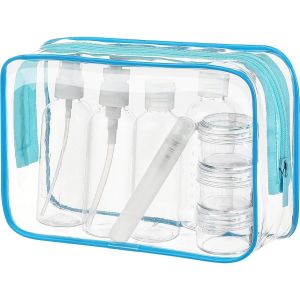 KALANKA-Kit de Voyage Transparent, Trousse de Toilette Transparent, 5pcs Bouteilles Vides (Max.100ml) + Étiquettes Vierges + Feutres à Encre Permanente - Neuf