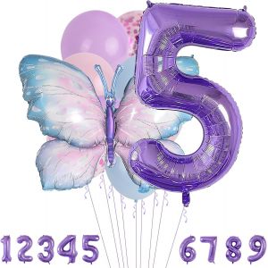 CAUC-Lot de 5 ballons en aluminium en forme de chiffre - D&eacute;coration d'animaux - Bleu violet - D&eacute;coration d'anniversaire - Papillon - D&eacute;coration de f&ecirc;te d'anniversaire - D&eacute;coration de f&ecirc;te - Pour fill - Neuf