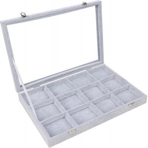 Boite A Bijoux En Velours Gris Avec 12 Sections Et Couvercle En Verre - Boîte À Bijoux Empilable Et Modulable Pour Bagues, Colliers, Bracelets, Boucles Doreilles Et Montres - Neuf