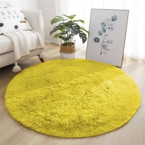 Sjzg-Tapis Rond À Poils Longs Doux Et Moelleux, Tapis Décoratif Antidérapant Pour Salon Chambre Jaune 60 Cm - Neuf