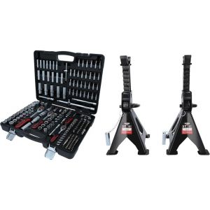 917.0795 - Caisse À Outils Complète En Coffret Douille De 1/4"", 3/8"" Et 1/2"" & 160.0370 - Chandelles À Crémaillère, 3 Tonnes - Crics Et Chandelles Voitures - Outillage Mécanique At[MAT790504] - Neuf