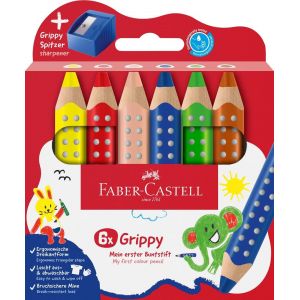 Kalanka-Faber-Castell 110635 Set Grippy, 6 Gros Crayons De Couleurs Enfants, Kit Dessin Facile À Laver, Crayon De Couleurs De Forme Triangulaire Ergonomique Et Épaisseur De 10mm, Taille Crayon Inclu - Neuf