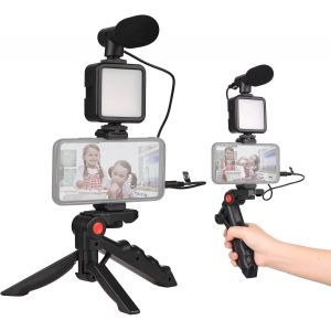 Smartphone Vlog Kit Mini Lampe Vidéo Led + Microphone Cardioïde + Clip Téléphone Extensible + Trépied Avec Luminosité Réglable Pour Live Stream Vlog Vidéo Shooting Vidéo Conférence[GBP6275094] - Neuf