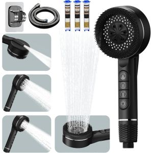 JGD-Pommeau Douche Haute Pression,Pommeau De Douche Anti Calcaire,Filtre Shower Head avec Tuyau 1.5M et Support,4 Types de Jets Douchette Douche Salle de Bain avec Bouton D'arr&ecirc;t D'eau,Noir - Neuf