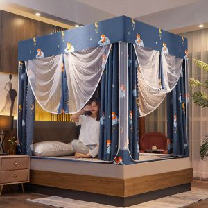HJLIAN Rideau de lit a baldaquin a quatre poteaux d'angle avec moustiquaire en U, fermeture eclair opaque, support en acier inoxydable pour 3 portes, motif ciel etoile, 1,8 m / 70,9 po - Neuf