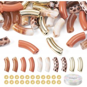 Kit De Fabrication De Bracelets Extensibles Incurvés À Faire Soi-Même-40 Perles Tubulaires Opaques En Acrylique-Marron Doré-Léopard-Avec 30 Perles D'espacement Pour La Fabrication - Neuf