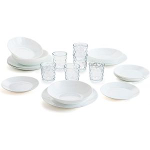 Mevronisshop-Vaisselle Blanche Compl&egrave;te Pour 6 Personnes 18 Pi&egrave;ces + Lot De 6 Verres En Verre 26 Cl Unique, 19 Pi&egrave;ces - Neuf