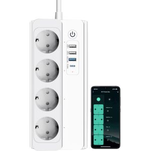 WiFi Smart Multiprise Protection Contre Les surtensions Prise de Courant Type-C 20 W Port de Charge 3 USB-A 220 V 16 A 3 500 W Commutateurs individuels Aucun hub requis Compatible avec Alexa - Neuf