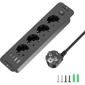 Table Power Strip 4 Sockets With 2 Usb Ports And 2 Type-C With 2 M Cable, 250 V/16 A, Power Strip For Furniture Or Worktops, Black - Neuf