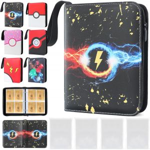 Mdy-Classeur Carte Pour 400 Cartes Avec 400 Pochettes, Album Carte Pour Poke V, Vmax, Tag Team, Ex, Gx, Mtg, Tcg, Protection Carte, Cahier En Cuir Pu Imperméable (Foudre) - Neuf