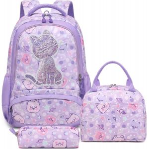 Cartable Fille 3D Broderie Chat Sac à Dos Primaire Sac à Dos Chat Sets Sacs Scolaires Enfant Fille CE1 CE2 + Isotherme Panier Repas + Trousse - Neuf