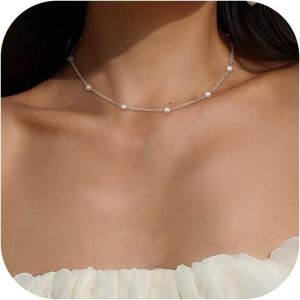 Kal-Collier Perle Femme Collier 18k Plaqué Or Collier Ras De Cou Femme Choker Collier Simples 4mm Perle Collier Or/Argent Bijoux De Perles Pour Femmes Filles - Neuf
