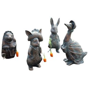 Lot de 4 statues d'animaux en r&eacute;sine - Lapin, H&eacute;risson, Canard - D&eacute;coration de jardin - Neuf