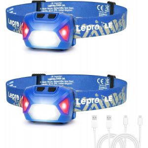 Lampe Frontale Led Rechargeable Puissante, D500 Torche Frontale Led Usb 2000lux Lumière Blanche Et Rouge 6 Modes D'éclairage Ipx6 Pour Cyclisme, Camping, Randonnée, Bricolage, Bleu - 2 Pcs - Neuf