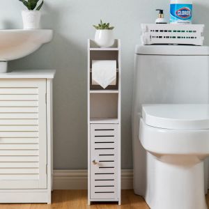 Porte-Papier Toilette, Colonne D'Armoire Avec Porte-Papier Toilette, Porte-Papier Toilette 2 En 1 Et Brosse Toilette, Meuble De Salle De Bain, En Pvc, Blanc[MAT791064] - Neuf