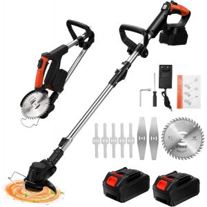SUBZONAL-Debroussailleuse Electrique sans Fil, Débroussailleuse à Gazon Pliable avec 2 Batteries et 3 Types de Lames, Manche Télescopique, Tête Pivotante 90°, Débroussailleuse à Batterie pour Jardin - Neuf