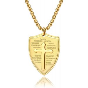 Kal-Collier Croix Homme The Armor Of God Shield Ephesians 6:16-17 Avec Pendentif Croix En Acier Inoxydable Cadeau Pour Jésus Christian Garçon/Mari - Neuf