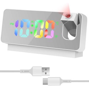 KAL-Réveil Avec Projection, Réveil Miroir, Avec Affichage De La Température Et Grand Écran Led, Rotatif À 180°, Alimenté Par Usb, Avec Projection De Plafond, Chambre À Coucher (Blanc) - Neuf