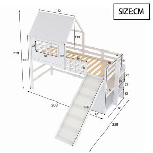 Lit enfant 90x200cm grenier avec toboggan/rangement - bois blanc - Neuf