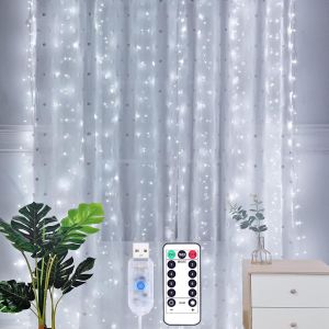 JGD-USB Rideau Lumineux 2x2m - LED Guirlande Lumineuse Rideau 200 LED avec T&eacute;l&eacute;commande, Minuterie, 8 Modes, Etanche IP65 pour Ramadan, No&euml;l, Mariage (Blanc Froid) - Neuf