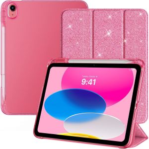 Coque Compatible avec Apple iPad 11 Pouces(A16) 2025, iPad 10&egrave;me G&eacute;n&eacute;ration 10,9 Pouces 2022 avec Porte-Stylet, Mince &Eacute;tui Arri&egrave;re Translucide, R&eacute;veil/Sommeil Auto, Past&egrave;que Rouge Scintillant - Neuf