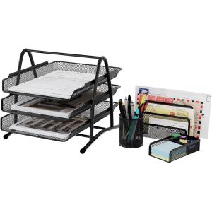 Métal Organisateur de Bureau Ensemble de 4 Pièces,3 Compartiments Corbeilles à Courrier A4 Range Document,Pot à Crayon,Support de Notes Autocollantes,Trieur de Courrier,Noir - Neuf