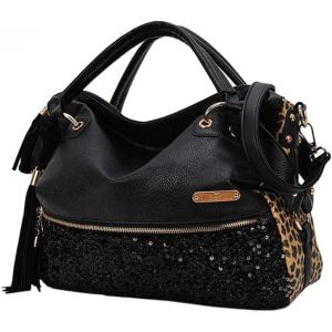 SJZG-Sac &Agrave; Main En Cuir Pu &Agrave; Paillettes Pour Femme Motif L&eacute;opard Noir - Neuf