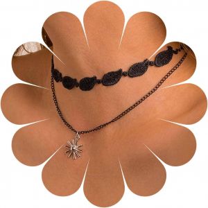 Kal-Gothique Noir Dentelle Choker Collier Mignon Sun Pendentif Clavicule Collier Stratifié Col Dentelle Collier Bijoux Pour Femmes Adolescentes - Neuf