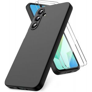 Coque Compatible Avec Samsung Galaxy A16 4g/5g, 2 Film De Protection En Verre Tremp&eacute;, Housse Souple En Tpu En Silicone Liquide, Housse En Caoutchouc Antichoc - Noir - Neuf
