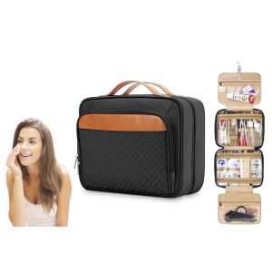 Trousse de toilette et de maquillage de voyage avec compartiment &agrave; bijoux et crochet de suspension - Noire - Neuf