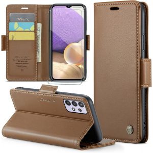 Kal-Coque Pour Samsung Galaxy A32 5g/M32 5g+ 2 Pièces Verre Trempé,Antivol,Prend En Charge Le Chargement Sans Fil, Pochette Fermeture Magnétique Flip Case-Marron - Neuf