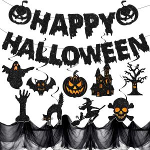 CAUC-Deco Halloween XXL - Banderole Banni&egrave;re Happy Halloween, Citrouilles, Toile d'Araign&eacute;es, Chauve-Souris, Squelette Articul&eacute; - D&eacute;co Int&eacute;rieure et Ext&eacute;rieure - Neuf