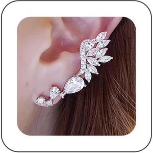 Kal-Boucles D'oreilles Grimpantes Vintage En Cristal Avec Aile D'ange Boucles D'oreilles Cz Crystal Ear Crawler Boucles D'oreilles Argent Cz Teardrop Stud Cuff Wrap Boucles D'oreilles Bijoux - Neuf