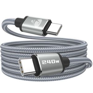 TRAHOO-Cable USB C vers USB C, 2m 240W PD 5A Cable USBC Charge Rapide C&acirc;ble Chargeur USBC Nylon Tress&eacute; Cordon pour iPhone 16 15 Samsung S25 Ultra iPad Air MacBook Pro Google Pixel 9 Xiaomi Switch PS5 - Neuf