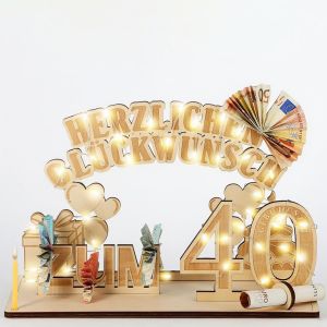 Trahoo-Cadeau D'anniversaire 40 Ans Pour Femme/Homme U2013 Cadeau D'argent En Bois Avec Guirlande Lumineuse Led, D&eacute;coration Diy Pour F&ecirc;te D'anniversaire Du 40e Anniversaire U2013 Puzzle 3d Personna - Neuf