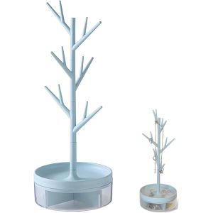 Organisateur De Bijoux En Forme D'arbre, Présentoir À Bijoux Bleu, Présentoir De Montres, Présentoir À Bijoux Avec Plateau Rotatif, Boîte De Rangement Ronde De 14 X 14cm À La Base - Neuf
