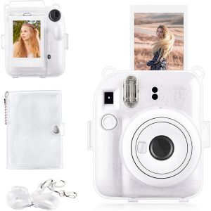 Housse pour Instax Mini 12 - &Eacute;tui &agrave; Paillettes pour Appareil Photo Instantan&eacute; Fujifilm Instax Mini 12 avec Poche Photos Arri&egrave;re, Bandouli&egrave;re Transparente et Mini Album Photo - Transparent - Neuf