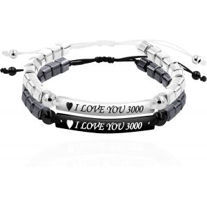 Kal-Y1433-3d Bracelets En Pierre D'h&eacute;matite Carr&eacute;e Avec Gravure Personnalisable Pour Femme Et Homme Pour Meilleurs Amis, Anniversaire, Graguation, Mariage, Promesse De Mariage, Cadeau Personnalis&eacute;, V - Neuf