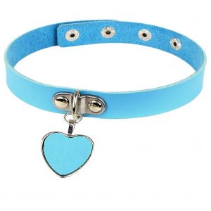 Mode Cool Rock Style Steampunk Punk Goth Pendentif En Forme De Coeur Link Pu Cuir Collier Choker Collier (Bleu Clair) - Neuf